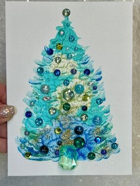 Teal & Blue Bejeweled Christmas Tree Canvas Art 5x7 inch